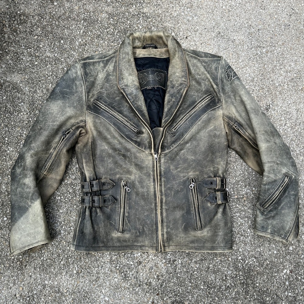 Vintage 90s Teknic Ladies Barracuda Distressed Leather Motorcycle Jacket Black S